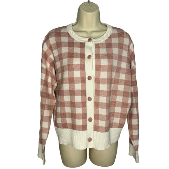 Nanette Lepore Pink White Checkered Button Up Cardigan Crew Neck Large - Picture 1 of 8